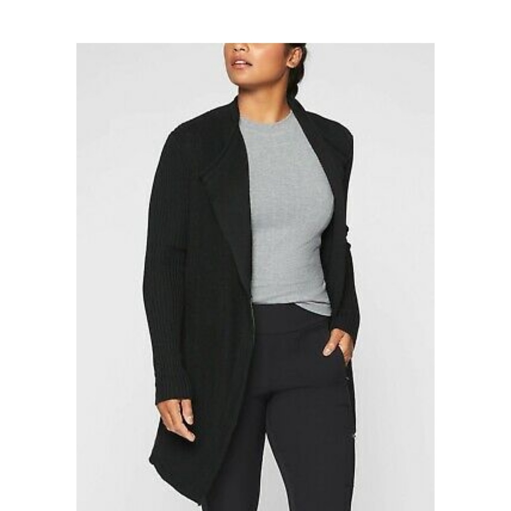Athleta | Sentinel Wrap Black Ribbed Wool Knit Asymmetrical Zip Cardigan Jacket